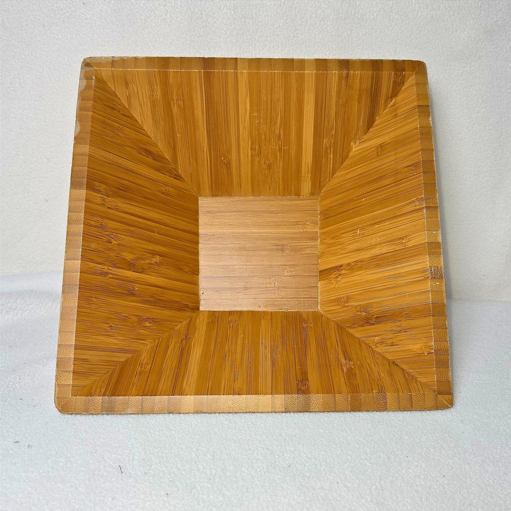 Pampered Chef Square Bamboo Serving Bowl 10 inch Natural Wood Salad Fruit Bowl